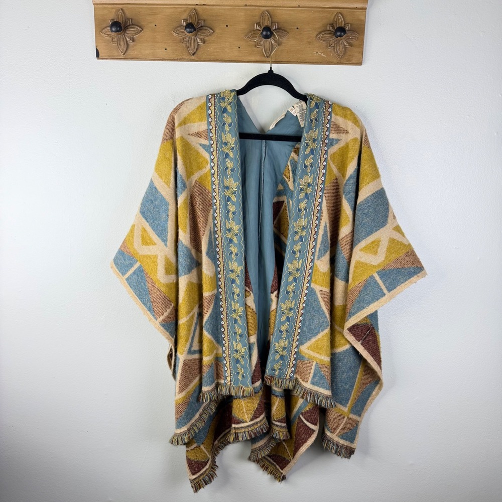 Soft Surroundings Poncho Wrap Blue Geometric OS Embroidered Sequin Fringe